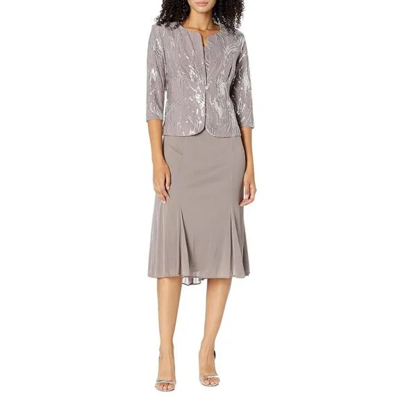 Alex Evenings Women's Tea Length Sequin Dress Pewter Brown / Frost 10 - Picture 10 of 14